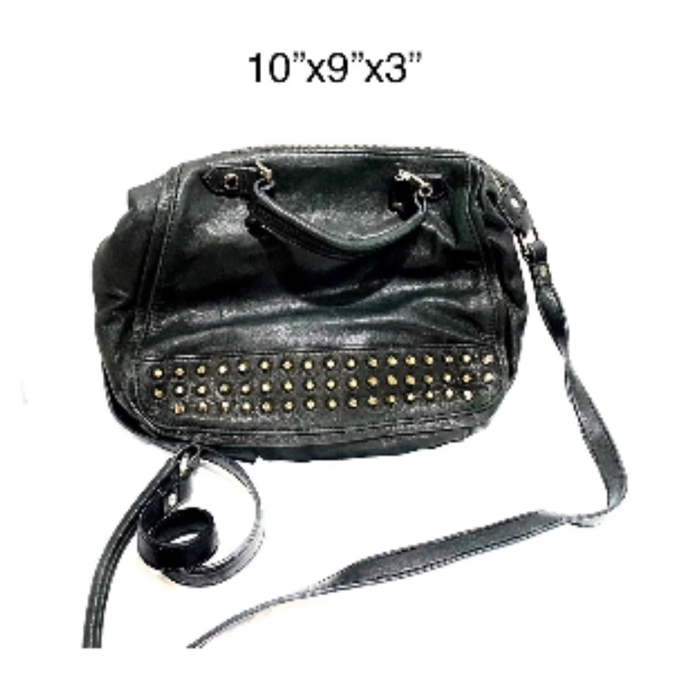 Joelle Hawkins black crossbody body bag with gold colored studs on both …